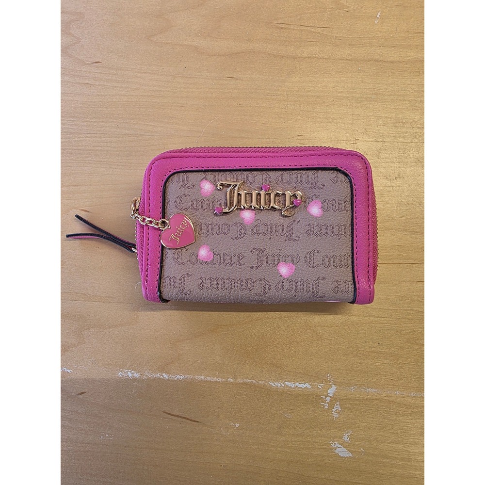 Juicy Couture Women Pink Monogram Heart Zip Around Small Wallet Card Case